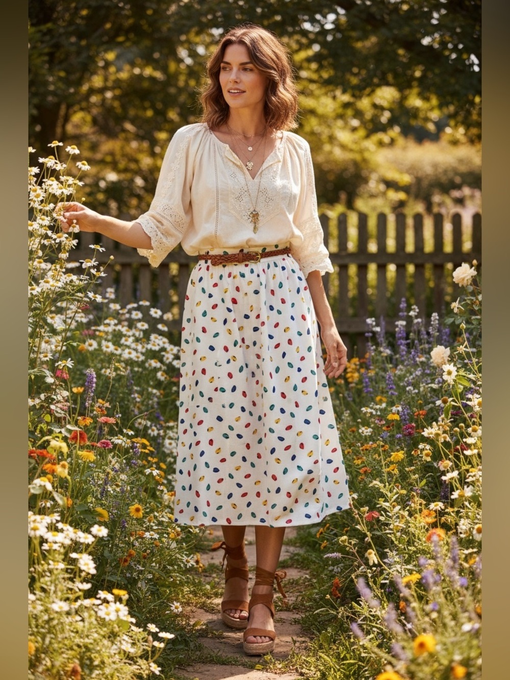 Vintage Y2K Josephine White Confetti Print Midi Skirt Cottagecore Grandma Chic M